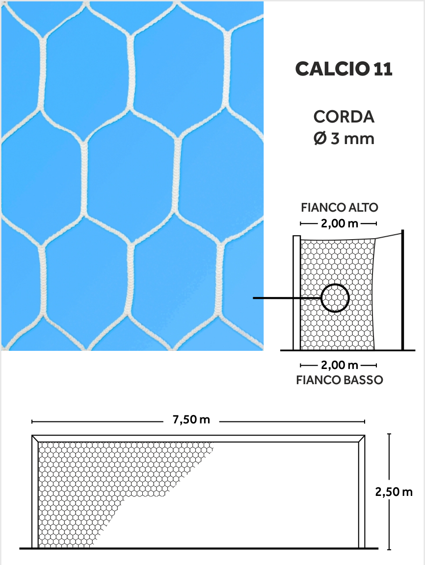 rete calcio regolamentare modello champions top misure 7,5 x 2,5 mt corda 6 mm
