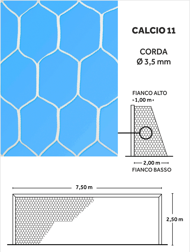 rete porte calcio maglia esagonale misure corda 3,5 mm colore bianco7x2 