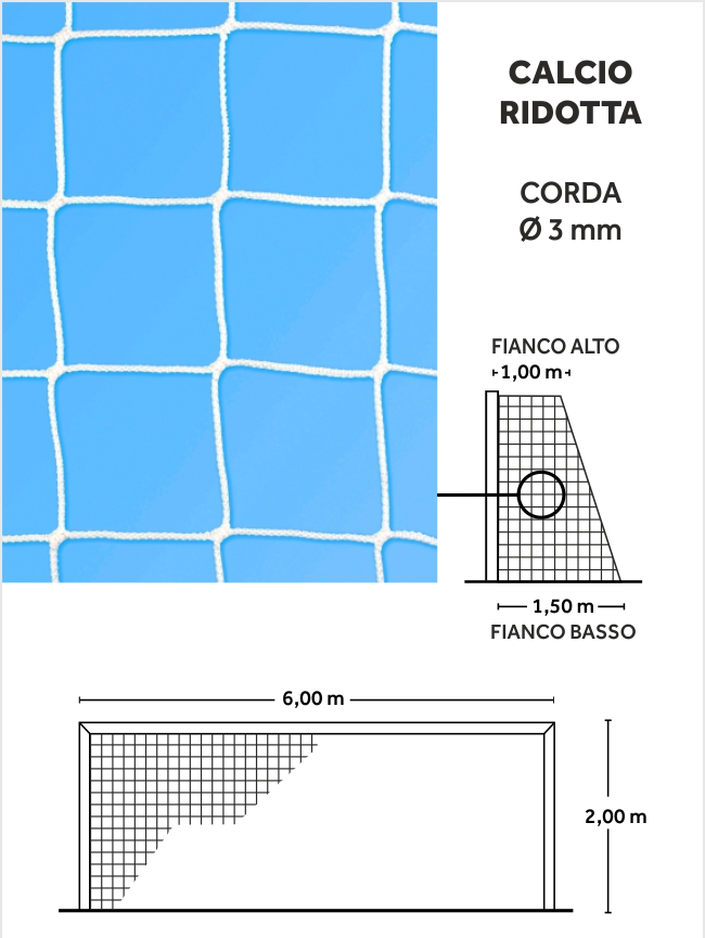 reti porta calcio ridotte misure 6x2 corda 3mm colore bianco