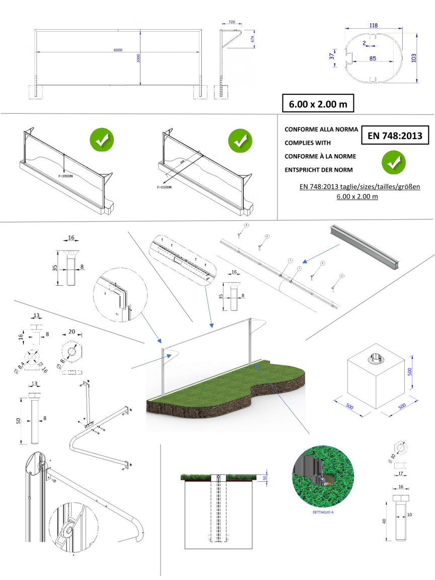 scheda tecnica porte calcio ridotte 6x2 in alluminio