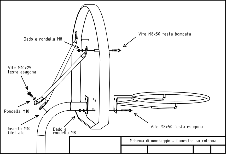 Scheda tecnica canestro su colonna zavorrata per minibasket con tabellone misure 112x73 cm