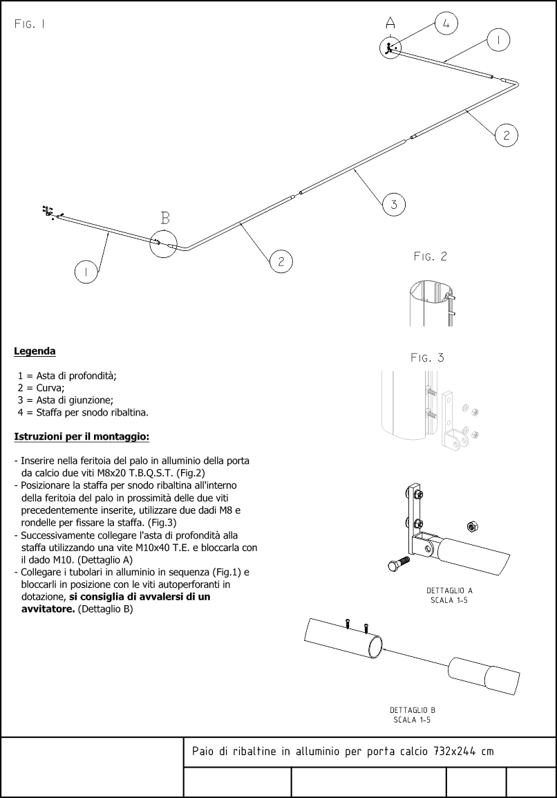 Scheda tecnica 2 ribaltine in alluminio per porta calcio regolamentare misure 732x244 cm