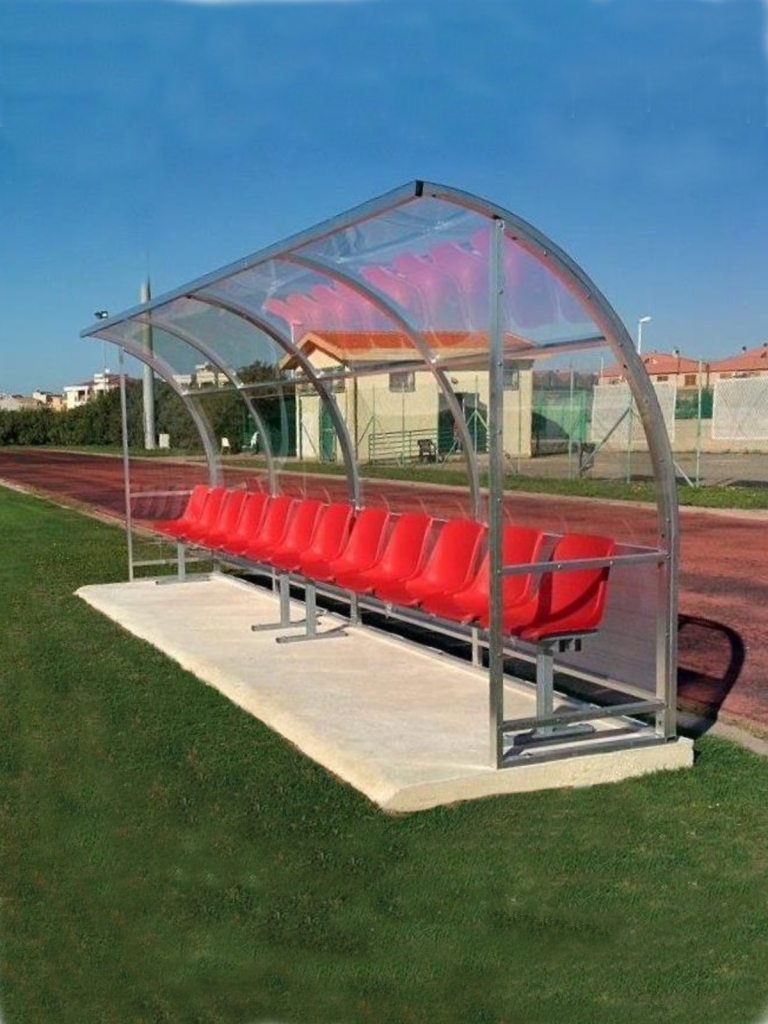 Panchina modello San Siro da 5 metri in alluminio, copertura in policarbonato trasparente 10 posti