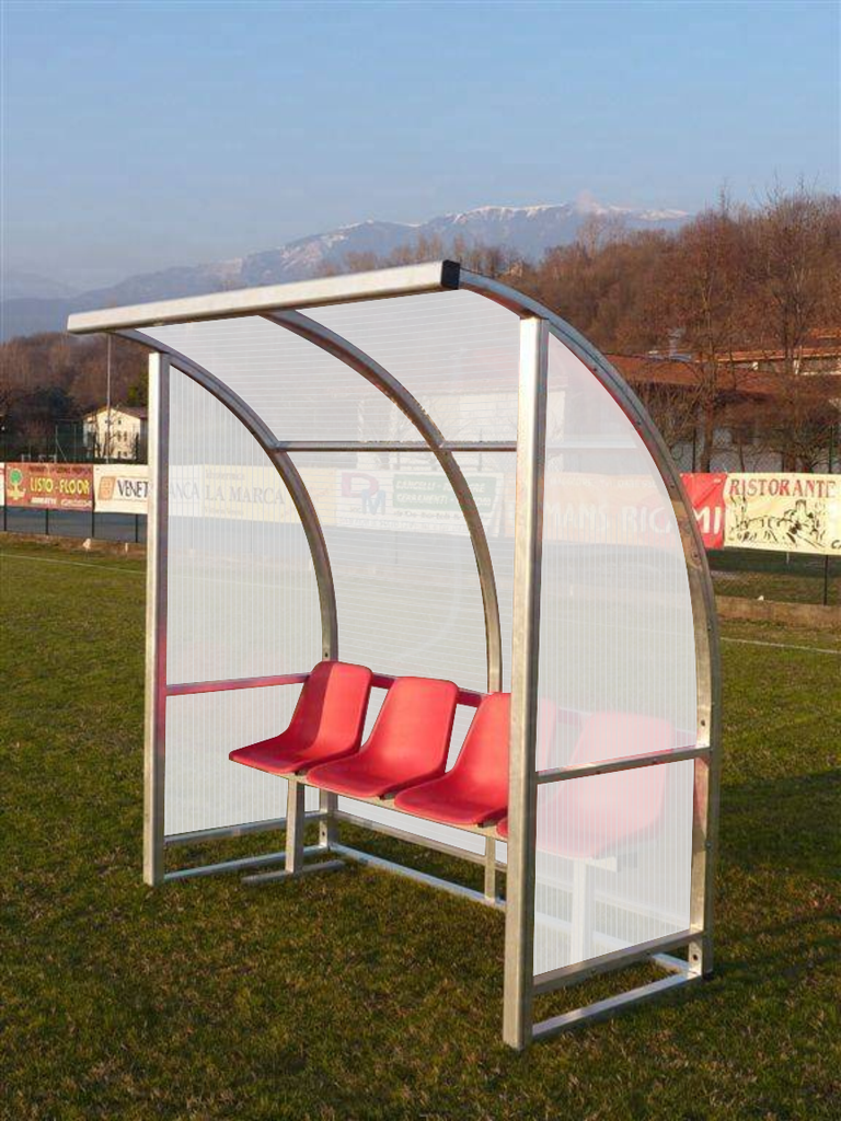Panchina modello Wembley da 3 metri in alluminio, copertura in policarbonato alveolare 6 posti