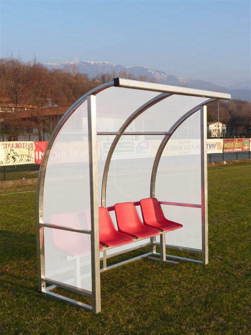 Scheda tecnica panchina modello Wembley da 5 metri in alluminio, copertura in policarbonato alveolare 10 posti