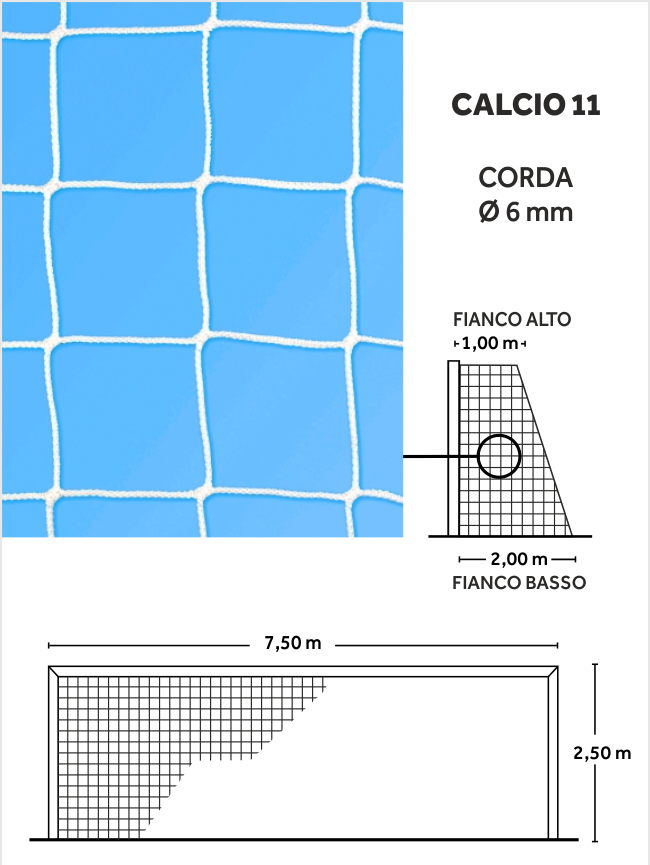 reti calcio modello campionato 7,5x2,5 6 mm colore bianco