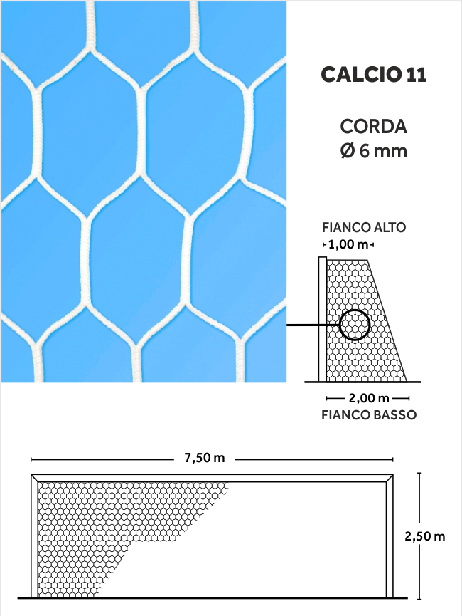 rete porte calcio maglia esagonale extra misure 7x2 corda 6mm colore bianco
