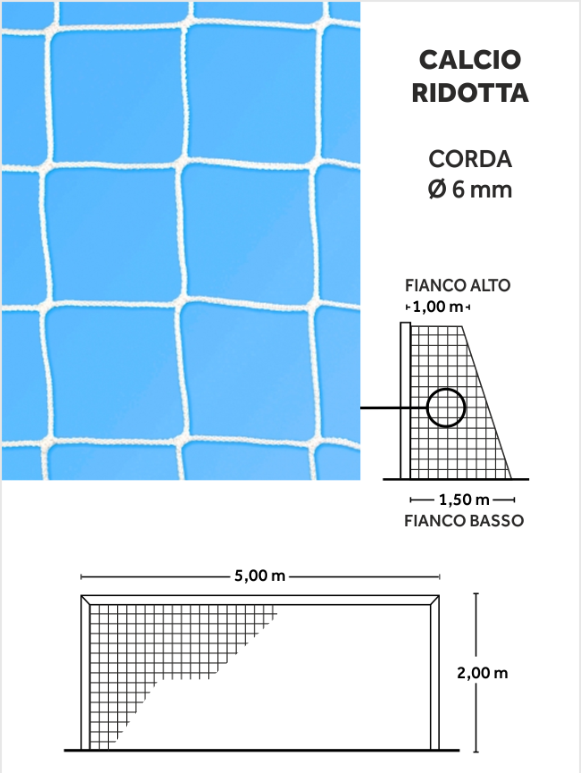 reti porte calcio ridotte misure 5x2 corda 6 mm colore bianco