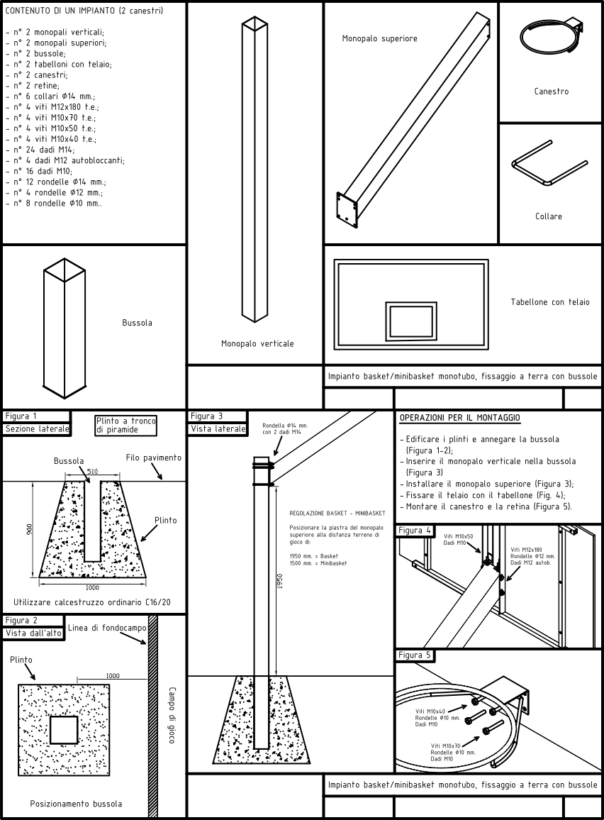 scheda tecnica 2 Impianto basket monotubolare con tabelloni resina sbalzo cm 225