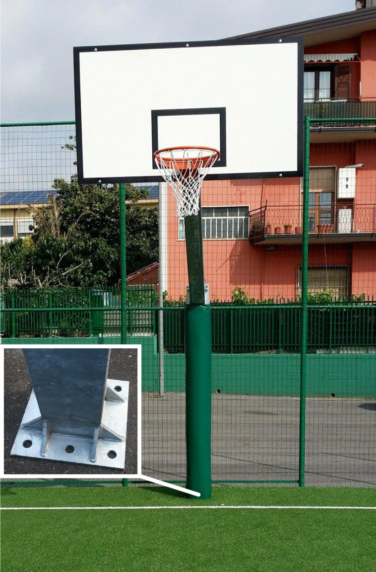 Impianto monotubo con tabelloni in resina melaminica sbalzo 165 cm fissaggio a terra con piastra Certificato UNI-EN 1270