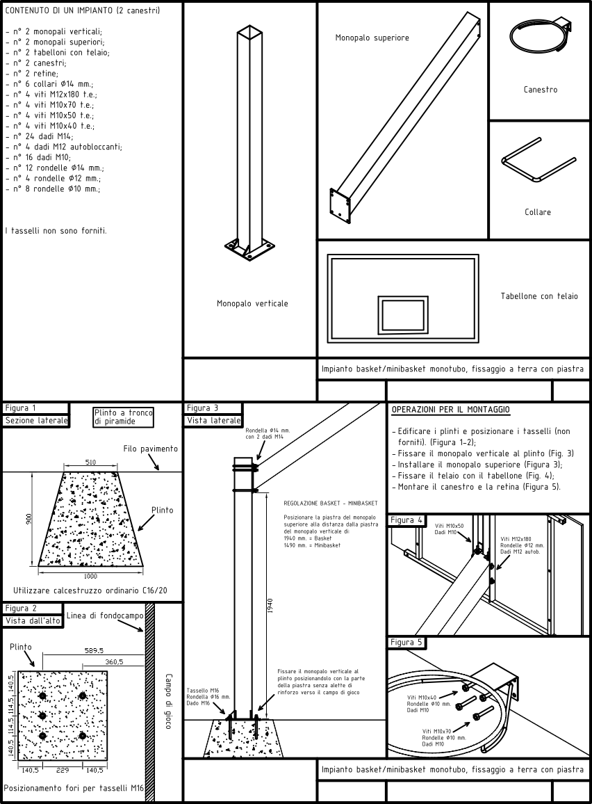 Scheda tecnica 2 impianto monotubo con tabelloni in resina melaminica sbalzo 165 cm fissaggio a terra con piastra Certificato UNI-EN 1270