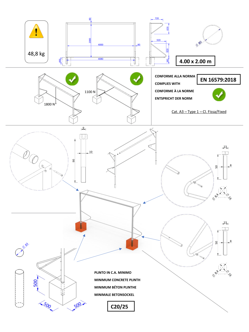 scheda tecnica porte calcio ridotte fisse 4x2 acciaio